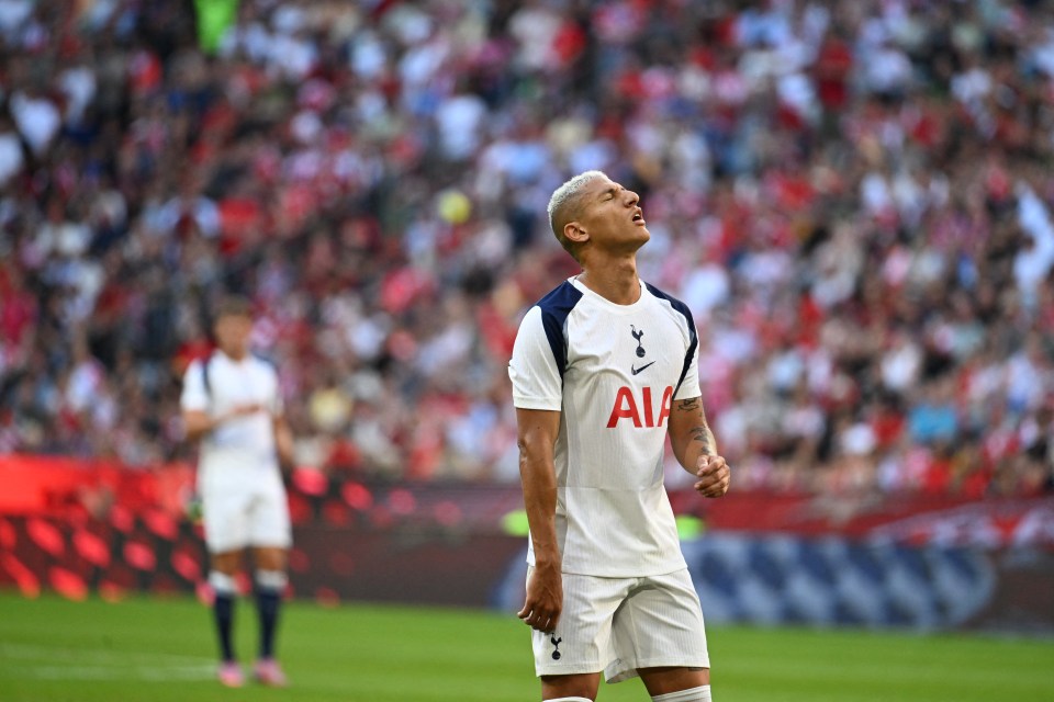 Tottenham Hotspur's Brazilian forward #09 Richarlison reacts during a friendly football match between FC Bayern Munich and Tottenham Hotspur in Munich, southern Germany, on August 7, 2025. (Photo by LUKAS BARTH-TUTTAS / AFP) (Photo by LUKAS BARTH-TUTTAS/AFP via Getty Images)