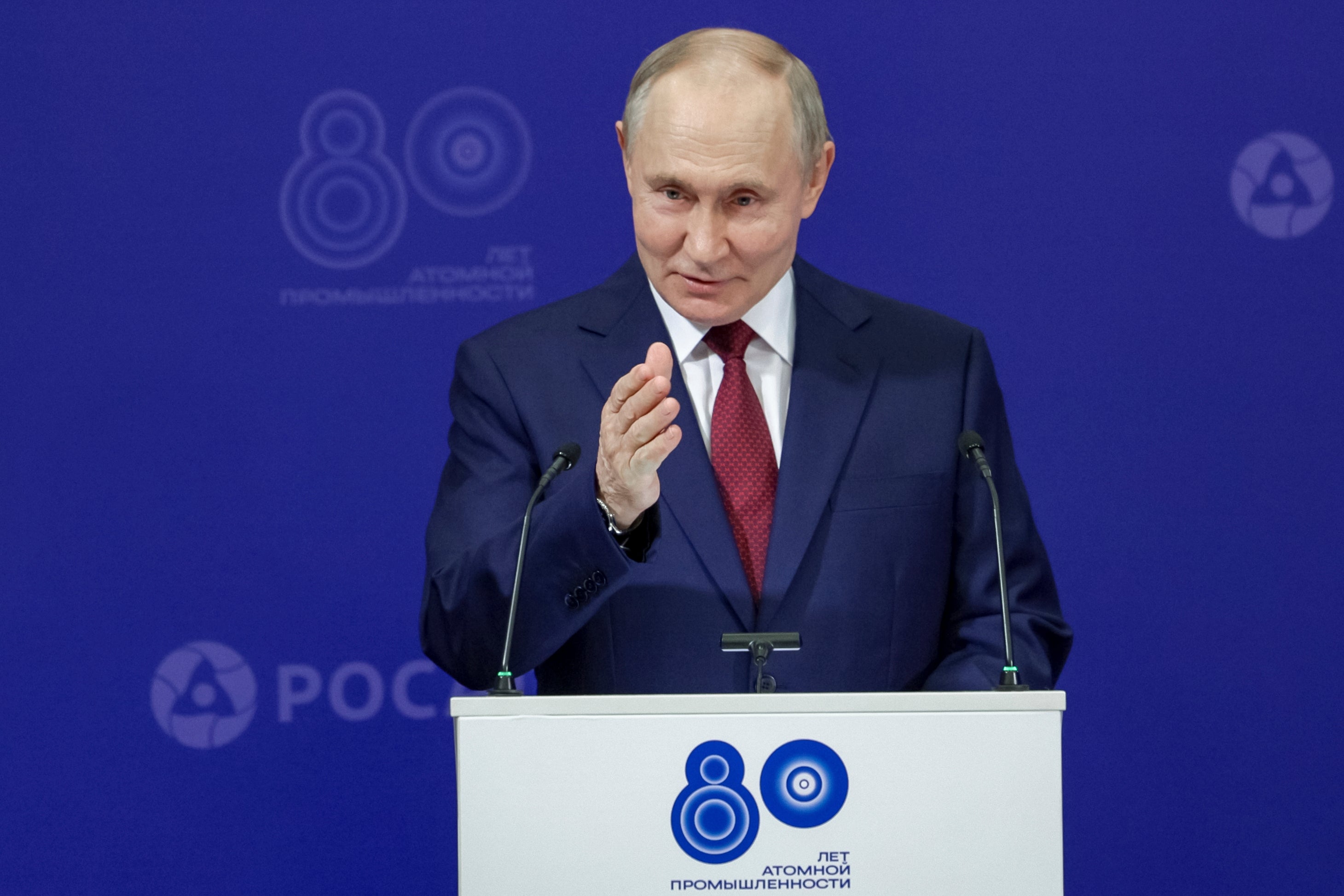 Russian president Vladimir Putin delivers his speech during a meeting with nuclear industry personnel in Sarov, Russia