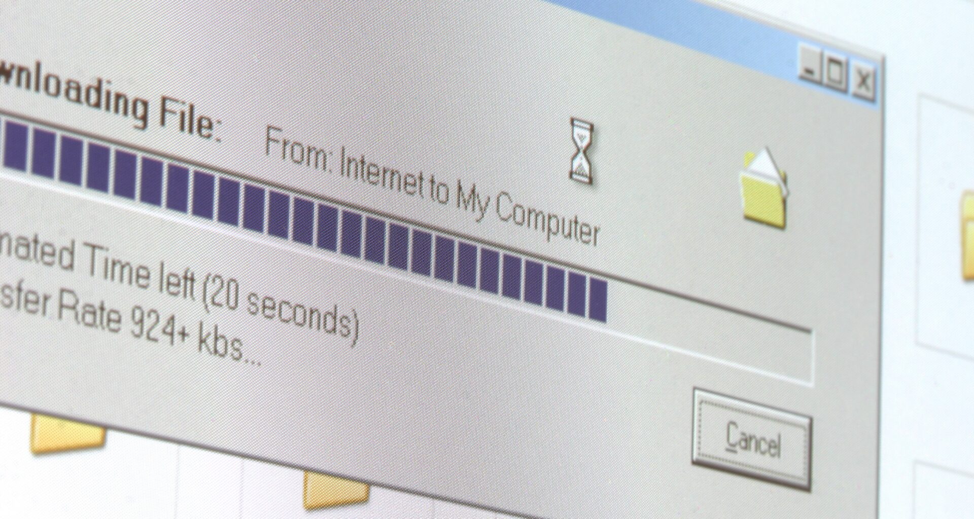 Photo of monitor while downloading a file from the &quot;Internet to My Computer&quot;. Visible RGB cells, custom screen written in VB.