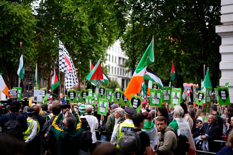 Supporters of Kneecap's Liam Og O hAnnaidh outside Westminster Magistrates' Court, London, where he is charged with a terrorism offence. Photograph: Jordan Pettitt/PA Wire