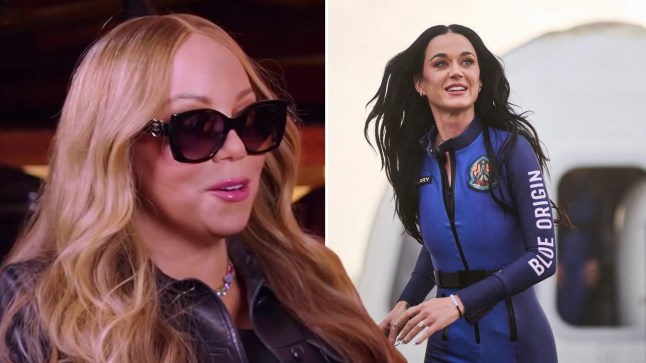 comp of mariah carey in sunglasses and Katy Perry after a space flight