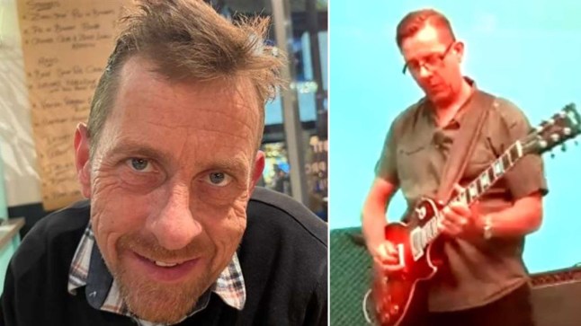 (Left) Ed smiling in a photo and (Right) Ed playing guitar as part of his band.