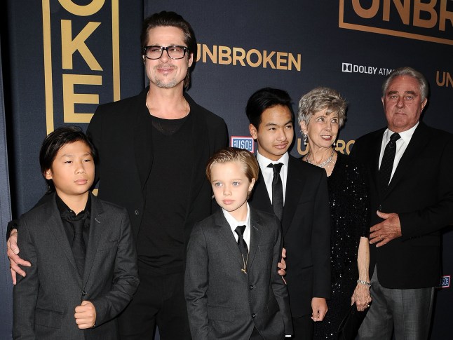 HOLLYWOOD, CA - DECEMBER 15: Actor Brad Pitt (C), (L-R) Pax Thien Jolie-Pitt, Shiloh Nouvel Jolie-Pitt, Maddox Jolie-Pitt, Jane Pitt, and William Pitt attend the premiere of 