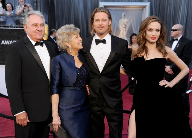 HOLLYWOOD, CA - FEBRUARY 26: (L-R) Bill Pitt, Jane Pitt, Brad Pitt and Angelina Jolie arrive at the 84th Annual Academy Awards at Hollywood & Highland Center on February 26, 2012 in Hollywood, California. (Photo by Gregg DeGuire/FilmMagic)