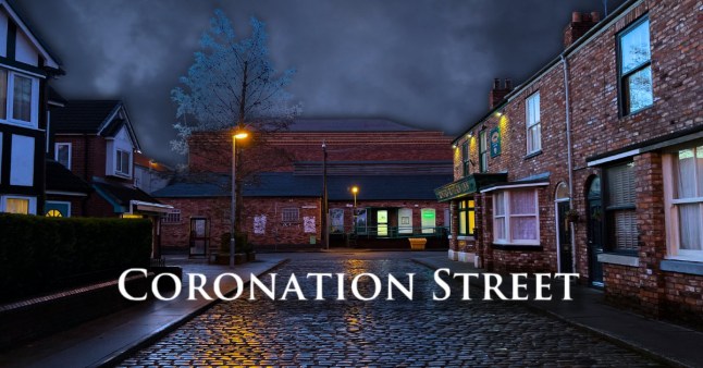 Coronation Street logo in front of the street at night.