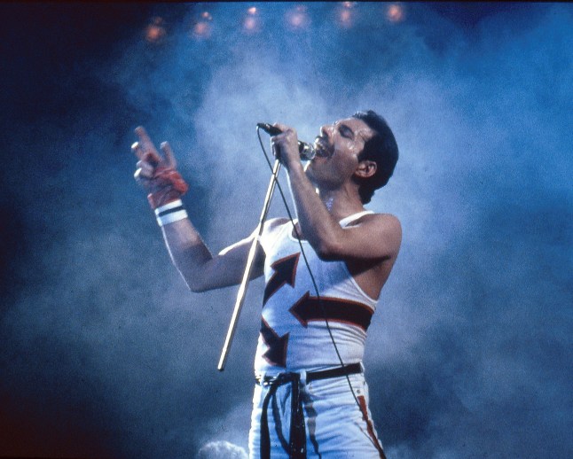 Mandatory Credit: Photo by Ilpo Musto/REX/Shutterstock (1271610ad) Queen - Freddie Mercury Queen in concert at Forest Nationale, Brussels, Belgium - Apr 1982