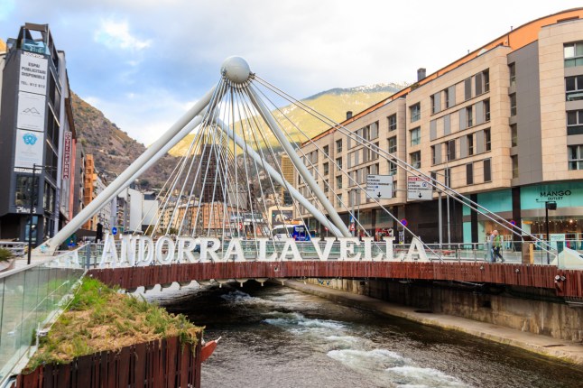 Andorra la Vella, Andorra - March 15, 2024: Pont de Paris bridge over the Gran Valira river in Andorra la Vella, Andorra