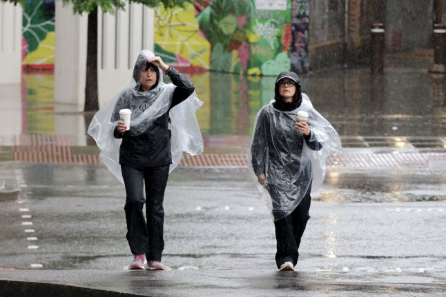 Women wearing rain ponchos during rainfall while walking in Westminster, London, United Kingdom, on July 19, 2025.