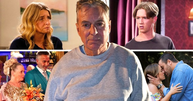 Composite image featuring Emmerdale's Chas Dingle, Corrie's Bernie Winter, Dev Alahan, Hollyoaks' Froggy Black, EastEnders' Joel Marshall and Neighbours' Holly Hoyland and Andrew Rodwell