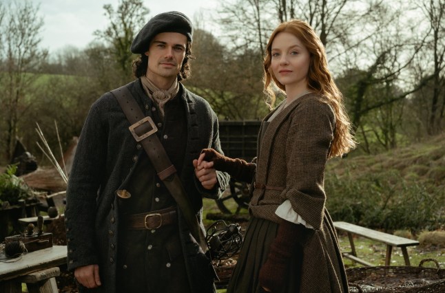 Jamie Roy as Brian Fraser and Harriet Slater as Ellen MacKenzie in Outlander: Blood of My Blood