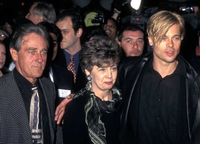Actor Brad Pitt and parents William Pitt and Jane Pitt attend 'The Devil's Own' New York City Premiere on March 13, 1997 at City Cinemas Cinema 1 in New York City. (Photo by Ron Galella/Ron Galella Collection via Getty Images)
