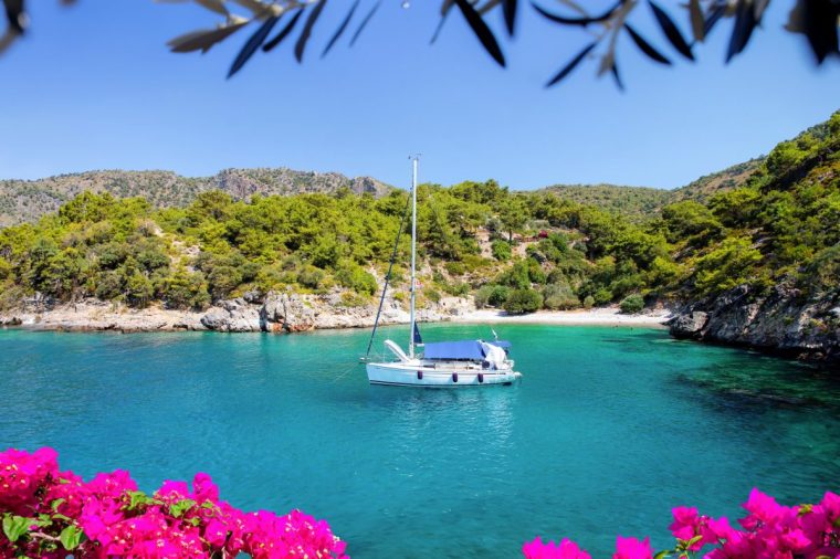 A yacht anchored on the coast at Olu Deniz, Turkey