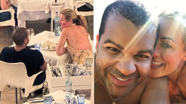 A split image of Cat Deeley having dinner at a restaurant with a friend, alongside a selfie with Ben Skervin, a freelance hairdresser