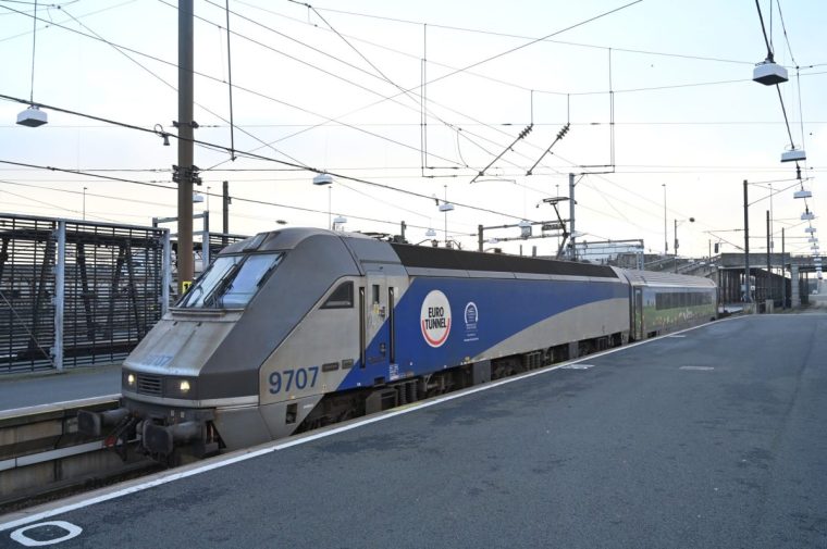 A Eurotunnel freight train arrives on the platform at the Eurotunnel terminal at Folkestone, Southeast England, on December 31, 2020 the day that Britain leaves the EU single market and customs union. - The White Cliffs of Dover, which on a clear day are visible from France less than 30 miles (nearly 50 kilometres) across the Channel, have long been a symbol of Britain. Now, the nearby town, which can trace its history back to Roman times, and its busy port are on the frontline as Britain embarks on a new future outside the European Union. (Photo by Glyn KIRK / AFP) (Photo by GLYN KIRK/AFP via Getty Images)