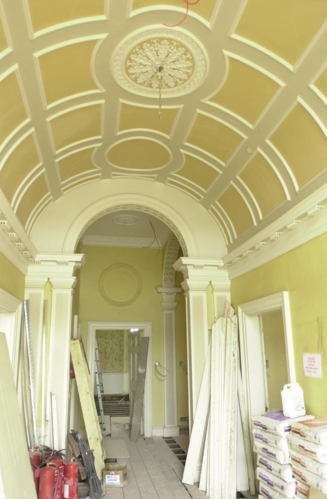 The entrance hall of the Grade II-listed Forest Lodge, in Windsor Great Park, Berkshire, a Georgian mansion once admired by both King George IV and King Edward VIII which will soon be available for rent it was announced. *...The 8 bedroomed house is currently undergoing 1.5 million restoration work to retain its fine period detail but will be ready for occupation in the autumn for 15,000 a month. It features original stonework, elaborate plaster cornices and ceiling decoration, exquisite marble fireplaces, Venetian windows and a half-barrel vaulted hallway ceiling and is worth an estimated 5.5 million.
