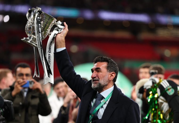 LONDON, ENGLAND - MARCH 16: Newcastle United chairman Yasir Al-Rumayyan celebrates with the Trophy after winning the Carabao Cup Final between Liverpool and Newcastle United at Wembley Stadium on March 16, 2025 in London, England. (Photo by Marc Atkins/Getty Images)