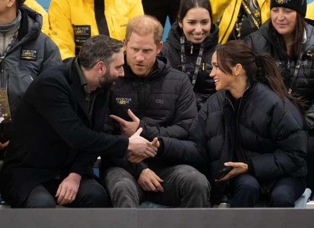 VANCOUVER, BRITISH COLUMBIA - FEBRUARY 09: Nick Loughran,Prince Harry, Duke of Sussex and Meghan, Duchess of Sussex attend the Wheelchair Curling at Hillcrest Recreation Centre during day one of the 2025 Invictus Games at on February 09, 2025 in Vancouver, British Columbia. (Photo by Samir Hussein/WireImage)
