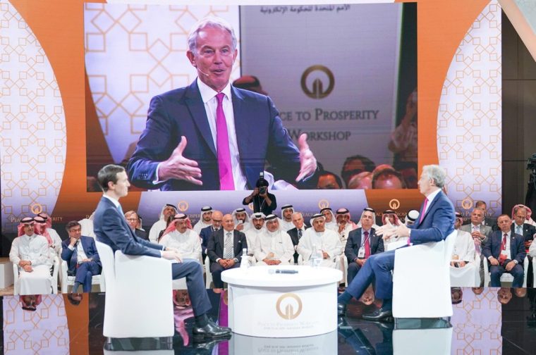 MANAMA, BAHREIN - JUNE 26: Former British Prime Minister Tony Blair (R) and Jared Kushner (L), U.S. President Donald Trumps senior White House adviser and son-in-law attend U.S.-led workshop in Manama, Bahrain on June 26, 2019. U.S.-led conference opened in Bahrain on Tuesday, during which U.S. officials are expected to unveil the economic portion of the American back-channel Middle East peace plan known as 
