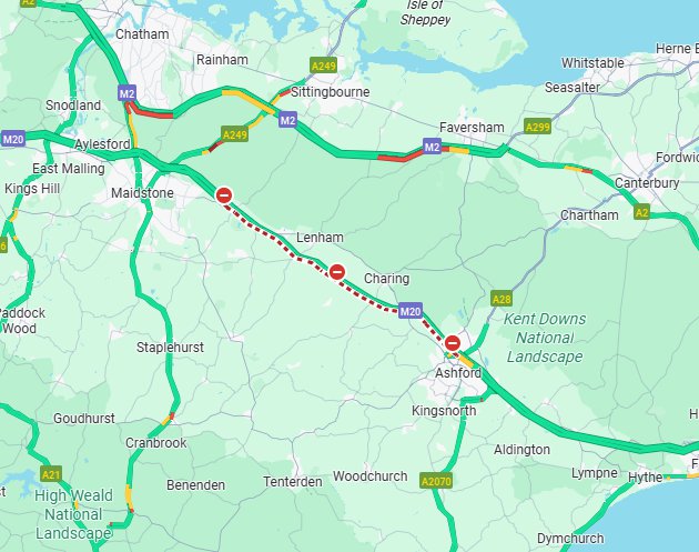 Map shows where the M20 is closed in Kent.