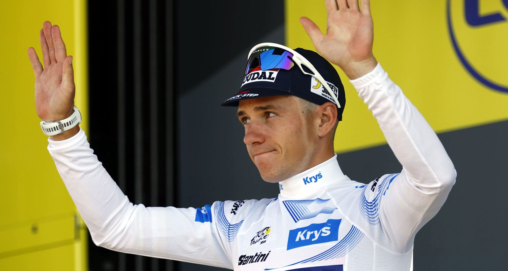 Tour de France 2025 - Stage 13, Peyragudes - 18 Jul 2025Belgian rider Remco Evenepoel of Soudal Quick-Step team celebrates on the podium in his white jersey for the best young rider after the 13th stage of the Tour de France cycling race, an Individual Time Trial (ITT) over 10.9km from Loudenvielle to Peyragudes, France, 18 July 2025.By: MARTIN DIVISEK/EPA/Shutterstock