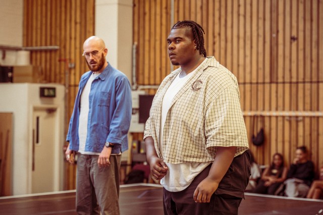 Sam Jenkins Shaw (Clitus) and Tyreke Leslie (Leon) in rehearsals for Bacchae at the National Theatre. Photographer 00461