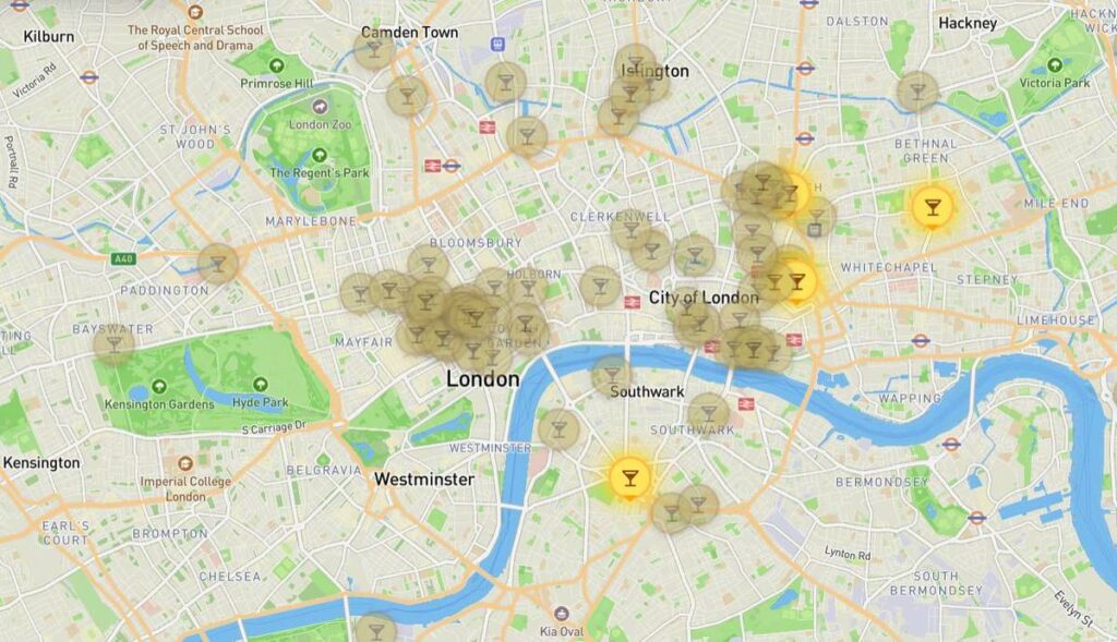 Map of London showing the happy hours across the city