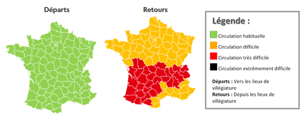 Colour coded map of France indicating travel conditions on the roads
