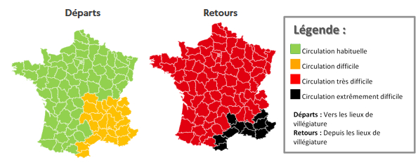 Colour coded map of France indicating travel conditions on the roads