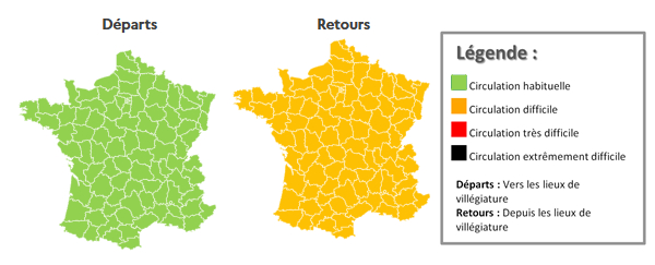 Colour coded map of France indicating travel conditions on the roads