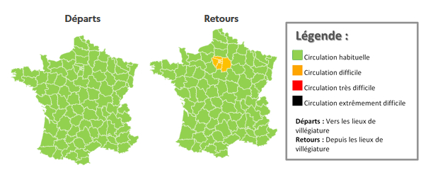 Colour coded map of France indicating travel conditions on the roads