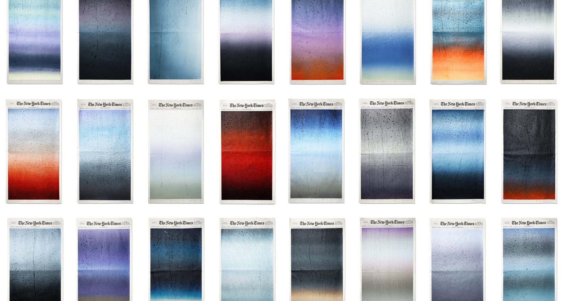 a grid of colorful painted covers of the new york times
