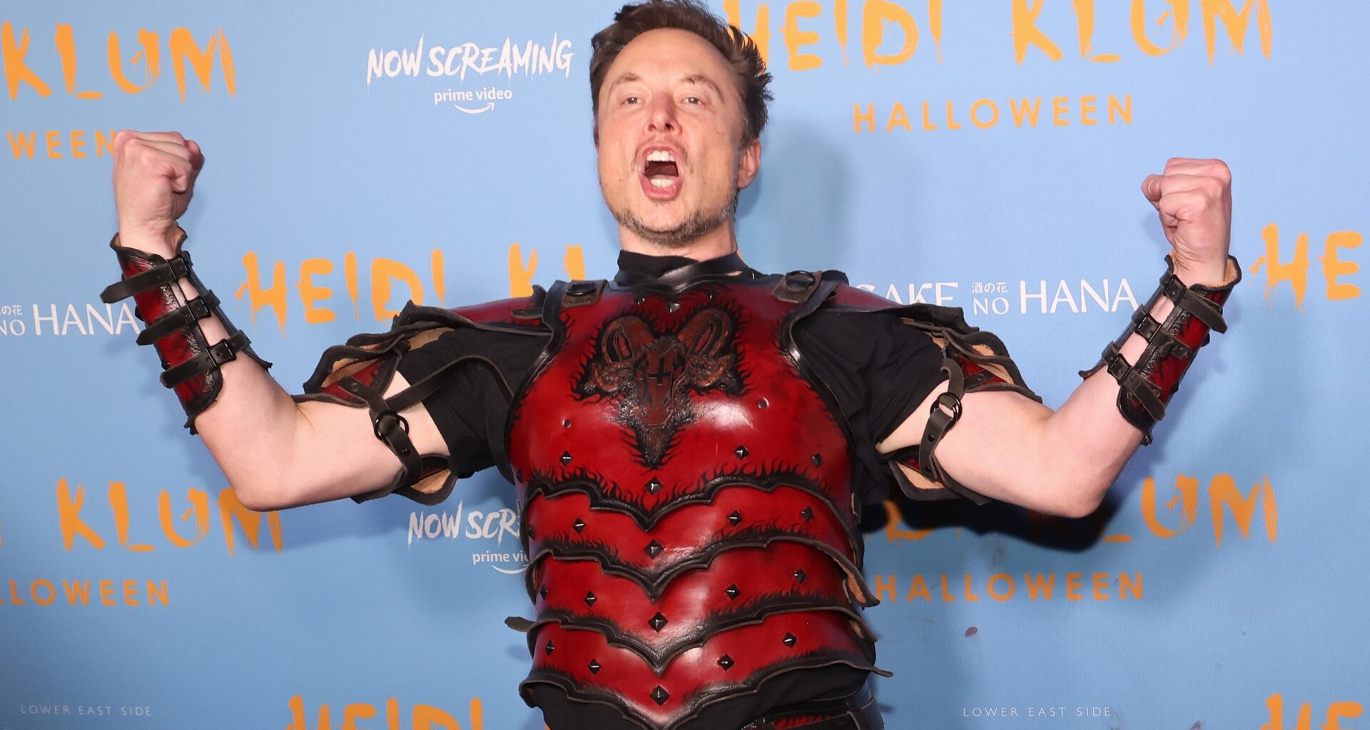 Elon Musk strikes a pose in a silly outfit.