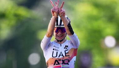 CHAMBERY, FRANCE - AUGUST 01: Maeva Squiban of France and UAE Team ADQ celebrates at finish line as stage winner during the 4th Tour de France Femmes 2025, Stage 7 a 159.7km stage from Bourg-en-Bresse to Chambery / #UCIWWT / on August 01, 2025 in Bourg-en-Bresse, France. (Photo by Szymon Gruchalski/Getty Images)