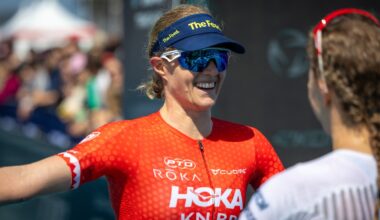 Taylor Knibb congratulates Julie Derron at T100 San Francisco 2025
