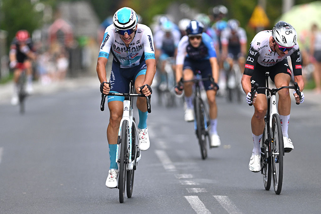 BUKOWINA TATRZANSKA, POLAND - AUGUST 09: (L-R) Antonio Tiberi of Italy and Team Bahrain - Victorious and Brandon McNulty of The United States and UAE Team Emirates - XRG attack during the 82nd Tour de Pologne 2025, Stage 6 a 147.5km stage from Bukowina Resort to Bukowina Tatrzanska 943m / #UCIWT / on August 09, 2025 in Bukowina Tatrzanska, Poland. (Photo by Luc Claessen/Getty Images)