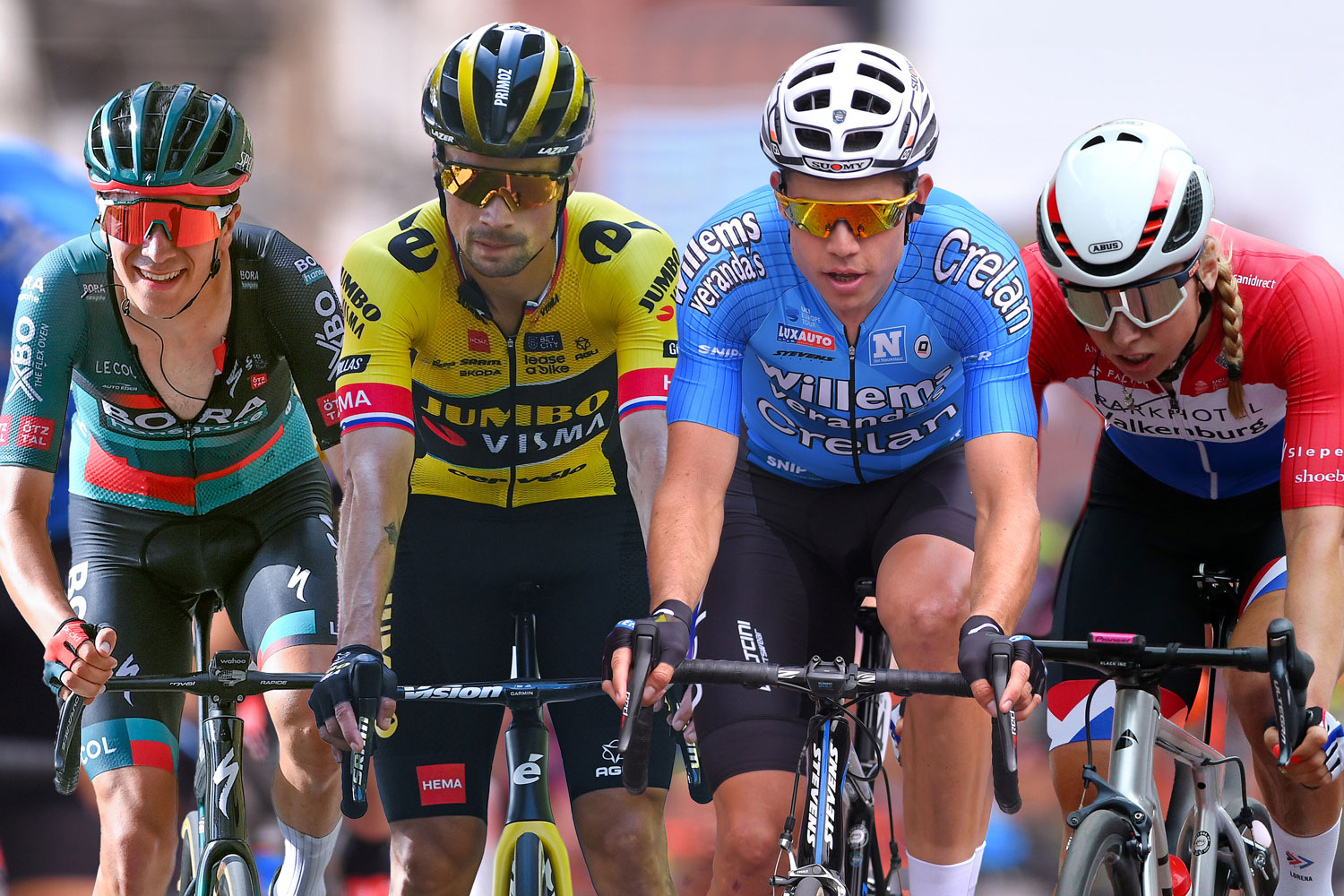 Composite image showing Lorena Wiebes, Wout van Aert, Cian Uijtdebroeks and Primoz Roglic