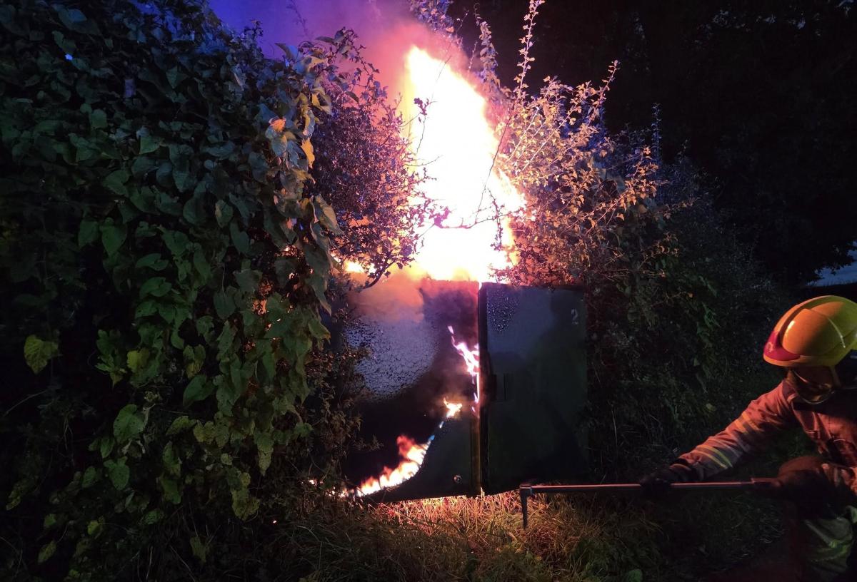 The fire involving the BT Openreach cabinet on Birch Road was well alight when firefighters arrived. Photo: Shropshire Fire and Rescue Service