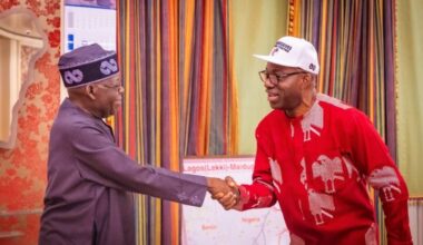 Bola Tinubu (left) receives Chukwuma Soludo at the State House on August 12