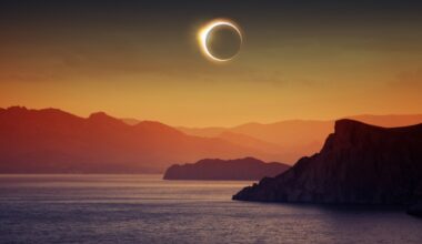 A photo illustration of a total eclipse above a scenic, rural, water-based tourism destination in Europe.