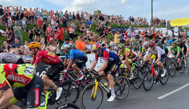 Cyclists passing through Caerphilly town centre