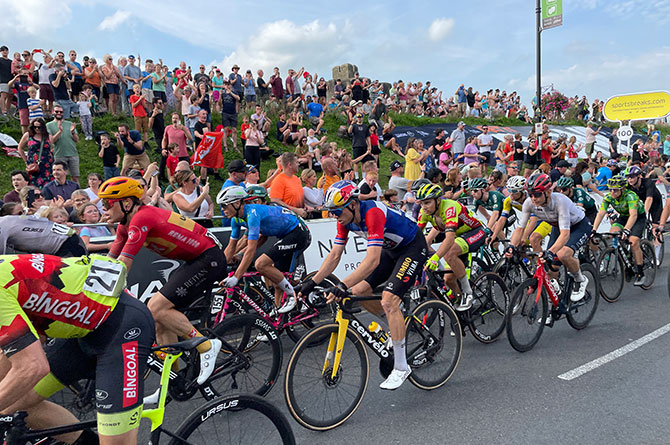 Cyclists passing through Caerphilly town centre