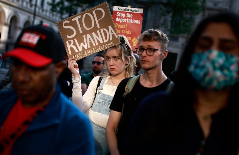 Demonstrators near the gates of 10 Downing Street in London in May 2024. Photograph: Benjamin Cremel/AFP via Getty Images