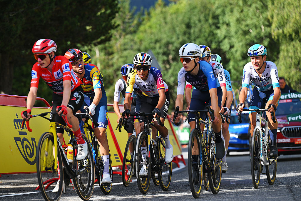 PAL, ANDORRA - AUGUST 28: (L-R) Giulio Ciccone of Italy and Team Lidl - Trek and Egan Bernal of Colombia and Team INEOS Grenadiers cross the finish line during the La Vuelta - 80th Tour of Spain 2025, Stage 6 a 170.3km stage from Olot to Pal - Andorra 1900m / #UCIWT / on August 28, 2025 in Pal, Andorra. (Photo by Tim de Waele/Getty Images)