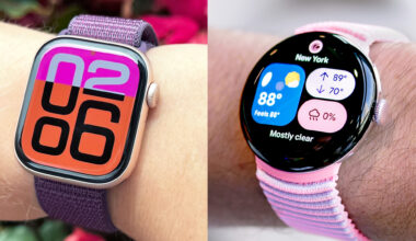 Split-screen close-up of the Apple Watch Series 10 on a user's wrist next to the Google Pixel Watch 4 on a user's wrist