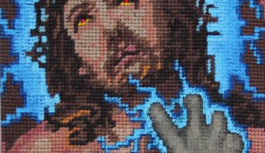 Vojtêch Luksch blends violent retro video games with the “grandma-core” of embroidered canvases