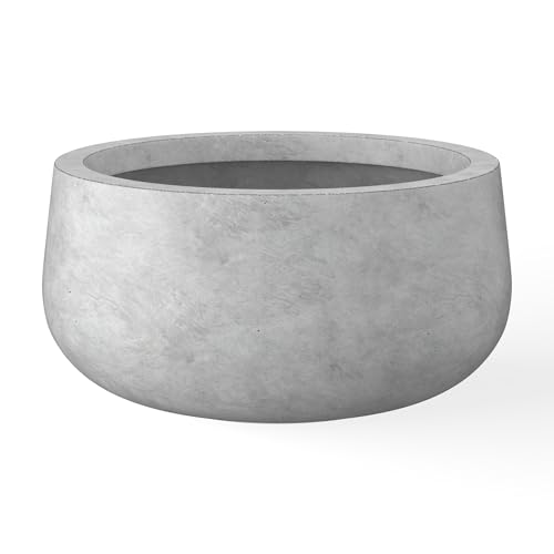 Kante 15.7" Dia Round Concrete Planter, Outdoor Indoor Garden Plant Pots With Drainage Hole and Rubber Plug, Modern Curvaceous Design, Natural Concrete