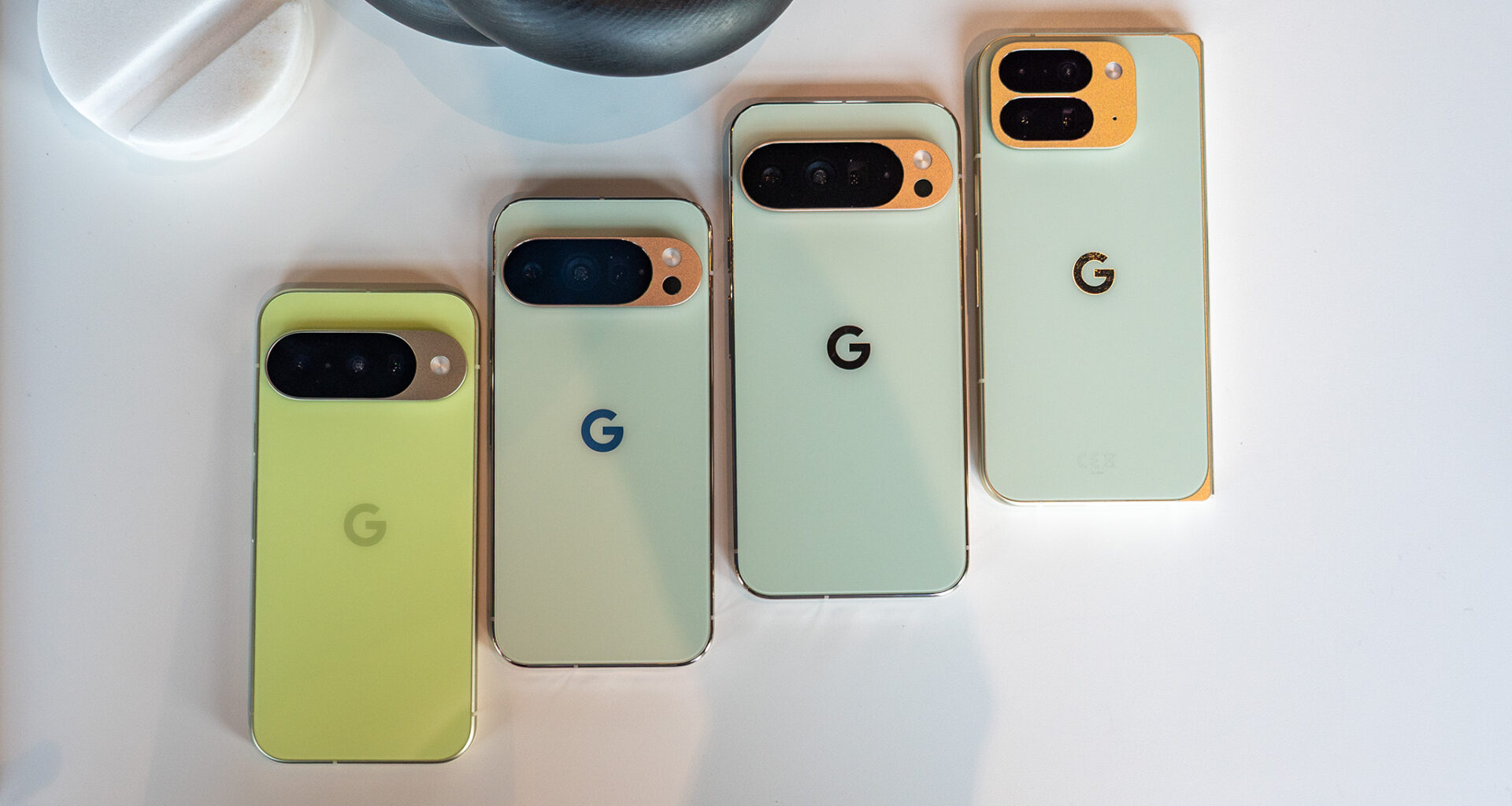 All green colorways of the Google Pixel 10, Google Pixel 10 Pro, Google Pixel 10 Pro XL, and Google Pixel 10 Pro Fold