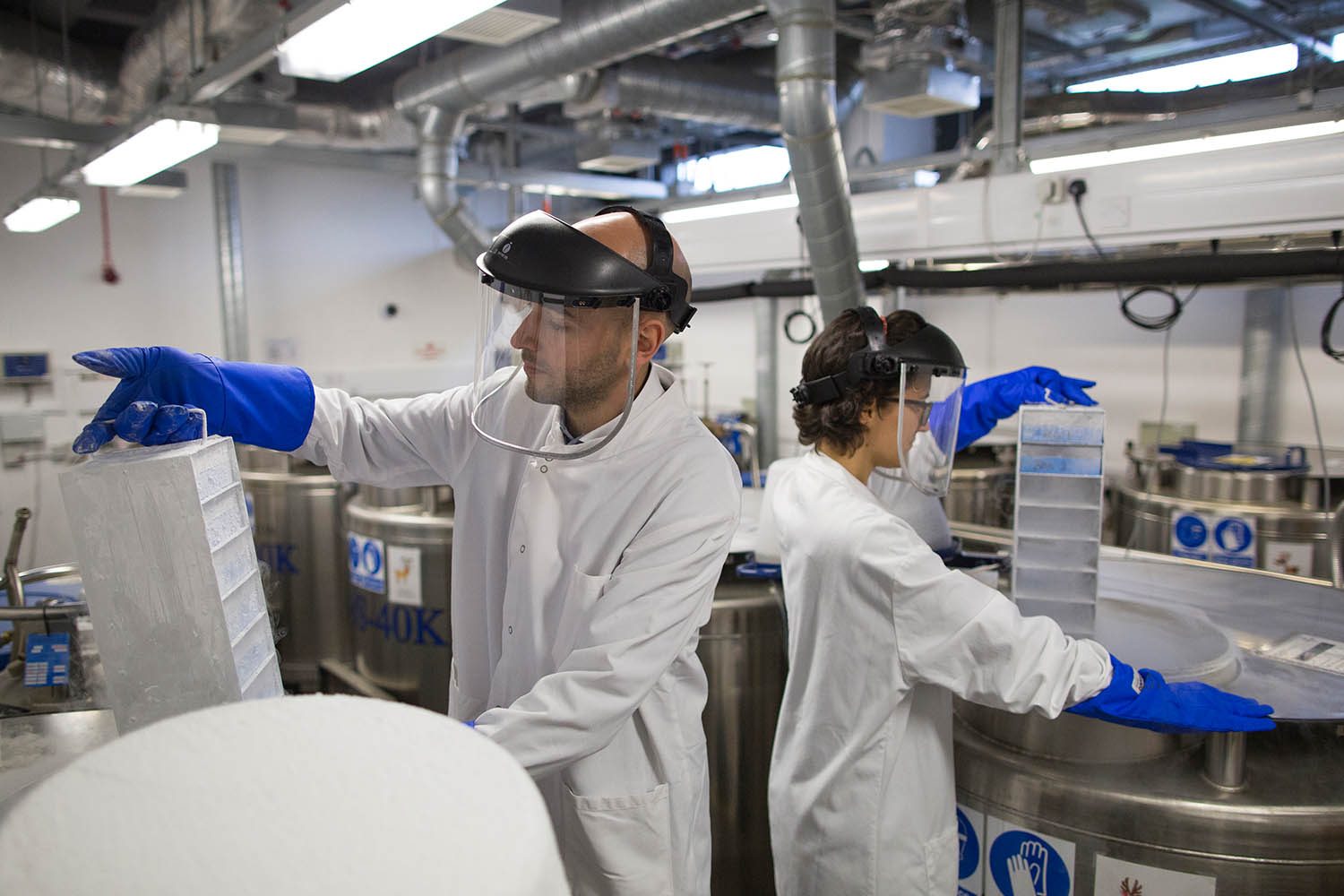 Scientist remove biological samples from a liquid nitrogen storage tank at the Cancer Research UK Cambridge Institute