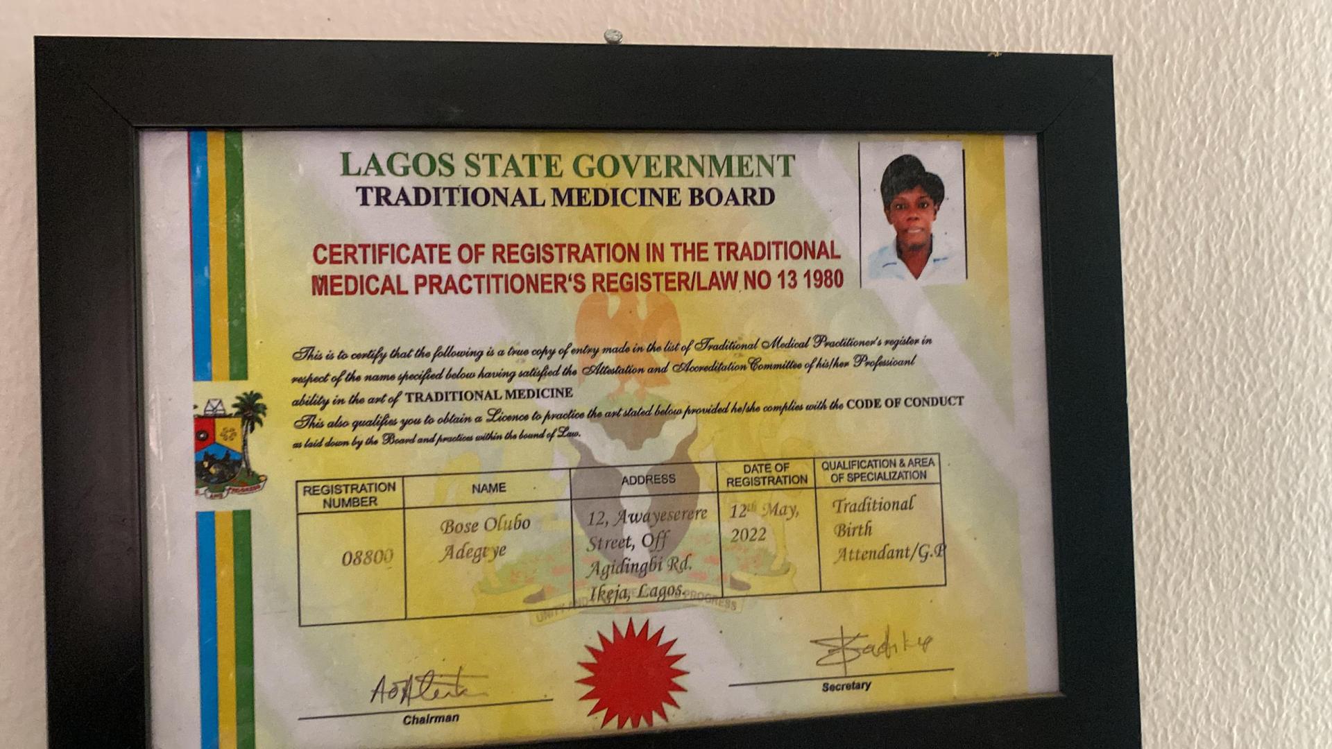 Image of another certificate shows her title as a Traditional birth attendant.