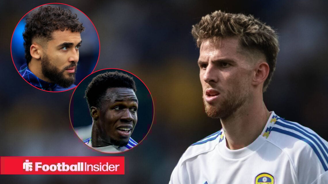 Willy Gnonto and Dominic Calvert-Lewin on the left above a red and white football insider banner looking towards Anton Stach wearing a white Leeds ...